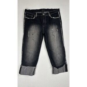 Shorty Women's Capri Jeans Dark Wash Sequin Trim Distressed Size 15 Y2K